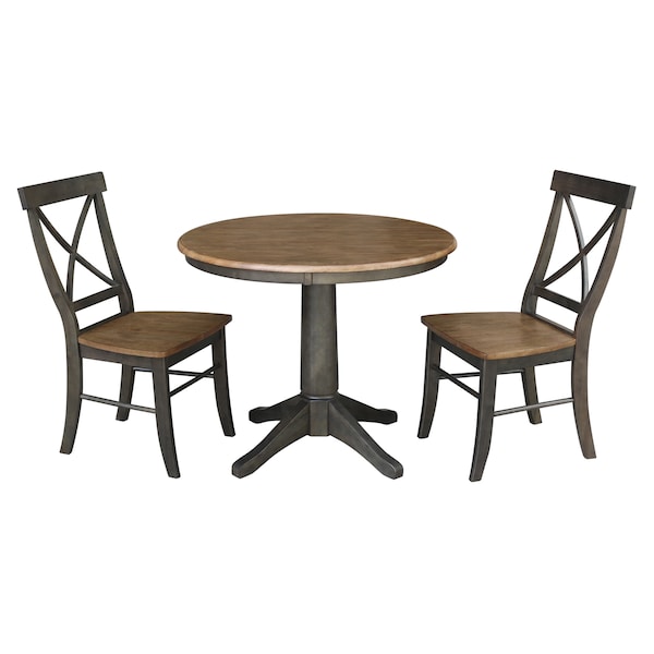 International Concepts Round 36 in Rd Top Pedestal Table, 2 X-Back Chairs, Hickory/Washed Coal, 36 in W, 36 in L, 29.1 in H K45-36RT-27B-C613-2 - main